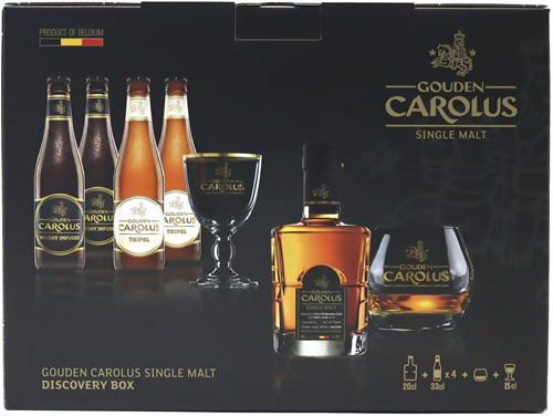 Gouden Carolus Tripel 2x33cl + Gouden Carolus Whisky Infused 2x33cl + Single Malt Whisky 46% + Glas Discovery Box Geschenkverpakking